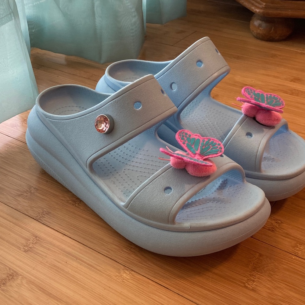 CROCS Light Blue Sandals with Pink Butterfly